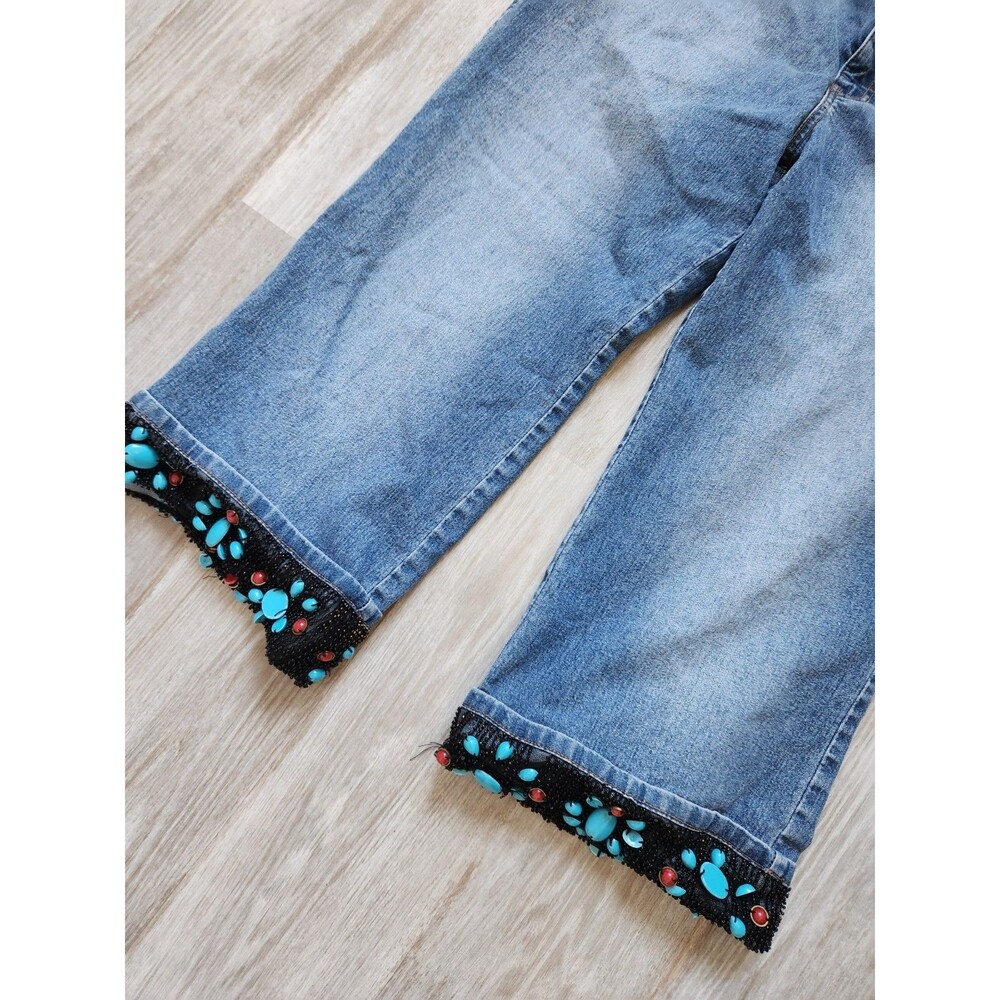 V Cristina High Rise Med Wash Beaded Capri Jeans Boho Petite Womens P12 GUC - Picture 3 of 11